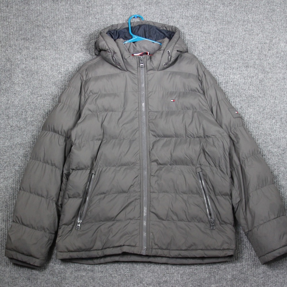 Tommy Hilfiger Puffer Jacket Mens Large Hooded Gray Winter Coat Outdoor